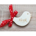 Dřevěná brož na kočár s jménem - ptáček